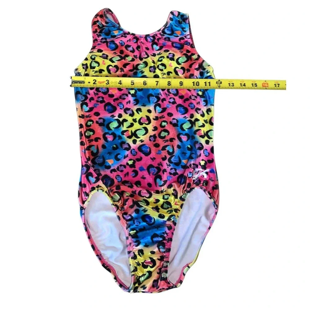 GK Elite Leotard Kids CL Multicolor Leopard Heart Foil Gym Lisa Frank  80s Funky